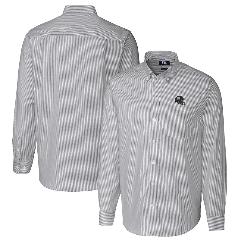 Chemise boutonnée à manches longues et rayures Oxford extensibles pour homme, couleur anthracite, motif casque des Pittsburgh Steelers, Cutter & Buck