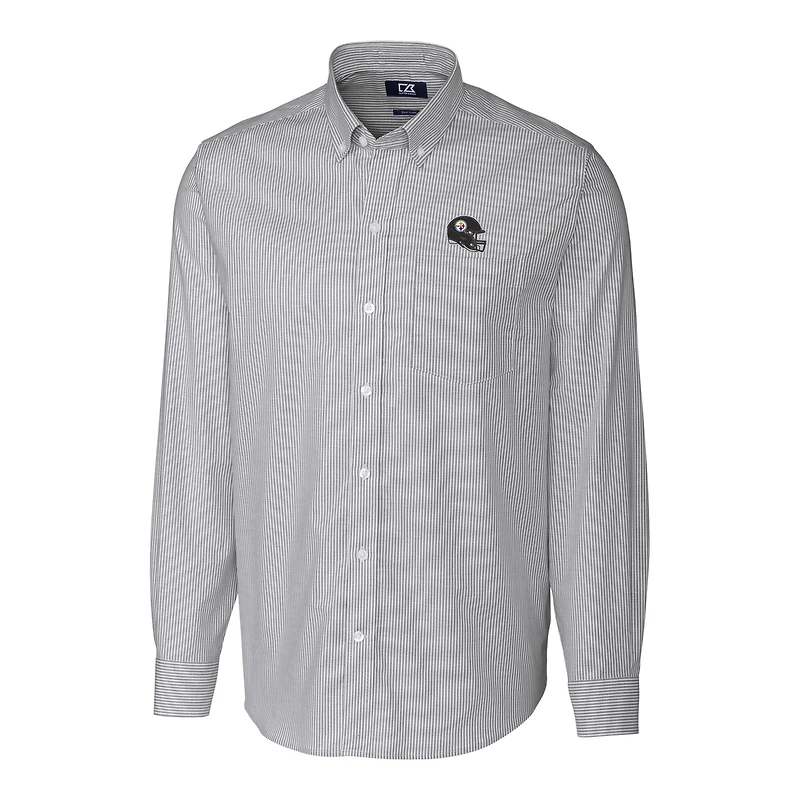 Chemise boutonnée à manches longues et rayures Oxford extensibles pour homme, couleur anthracite, motif casque des Pittsburgh Steelers, Cutter & Buck