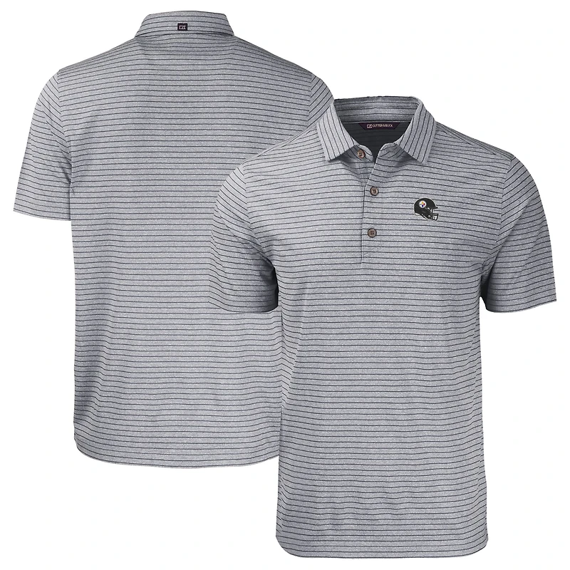 Polo Cutter & Buck Heather Black Pittsburgh Steelers Helmet Forge Eco Stripe Stretch en tissu recyclé pour homme