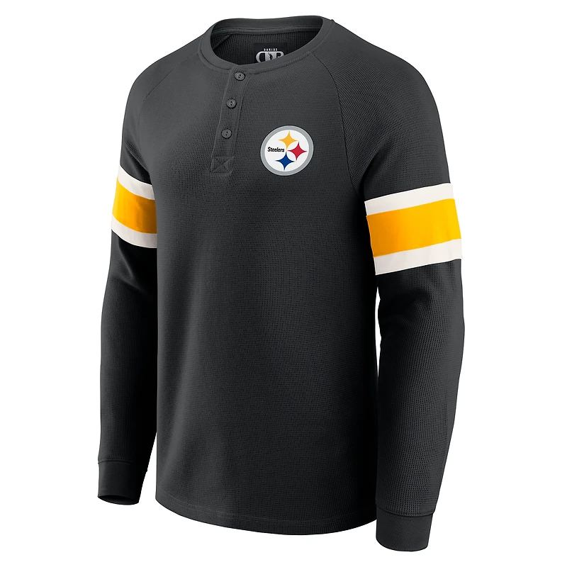 Men's Darius Rucker Collection by Fanatics Black Pittsburgh Steelers Waffle-Knit Raglan Long Sleeve Henley T-Shirt