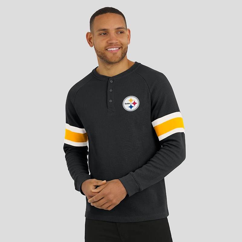 Men's Darius Rucker Collection by Fanatics Black Pittsburgh Steelers Waffle-Knit Raglan Long Sleeve Henley T-Shirt