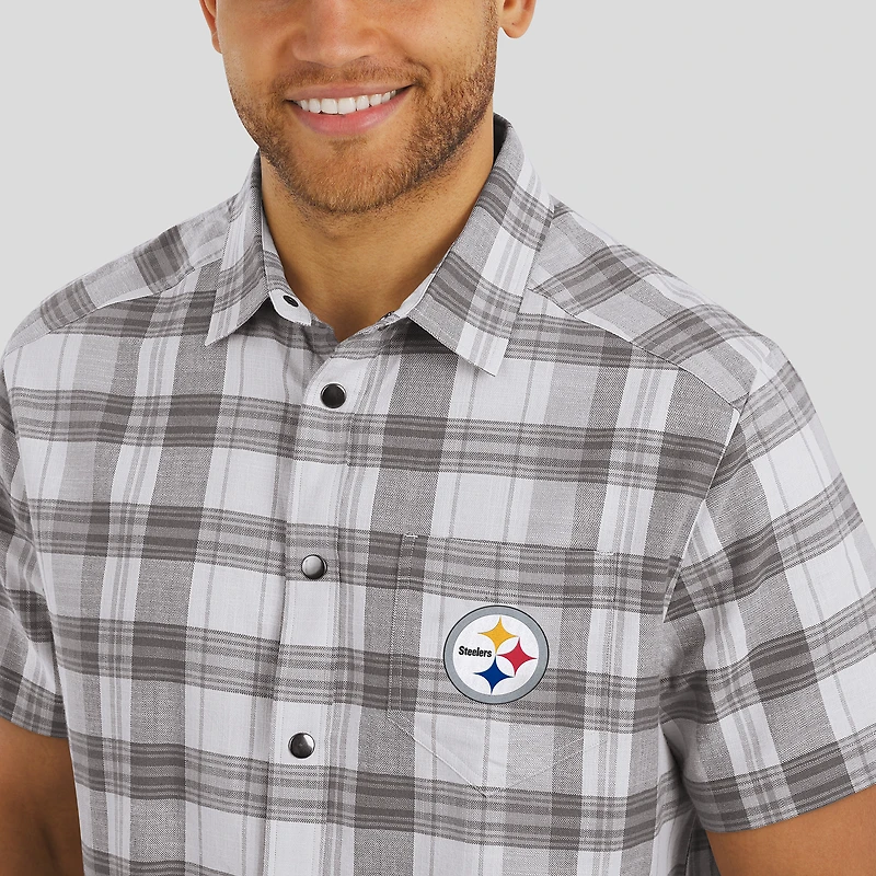 Men's Darius Rucker Collection by Fanatics Gray Pittsburgh Steelers Team Plaid Short Sleeve Full-Snap Shirt