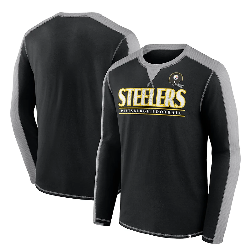 T-shirt à manches longues Fanatics noir/gris pour homme des Pittsburgh Steelers « Derrière la ligne »