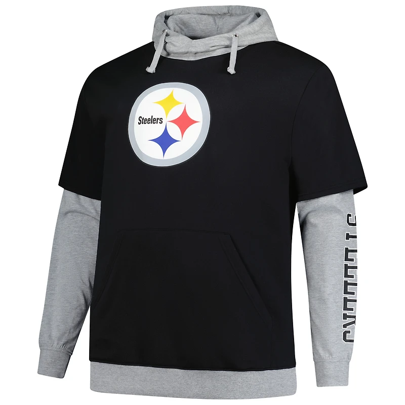 Men's Fanatics Black/Heather Gray Pittsburgh Steelers Big & Tall Twofer Pullover Hoodie