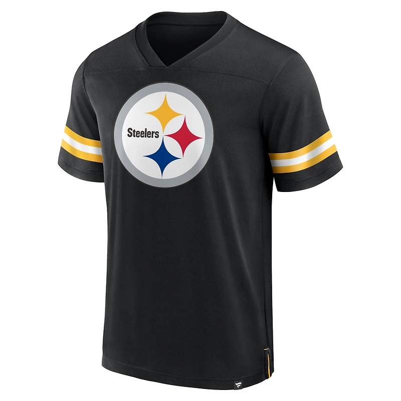 T-shirt noir en jersey à col V Tackle Fanatics pour hommes des Pittsburgh Steelers