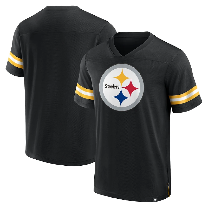 T-shirt noir en jersey à col V Tackle Fanatics pour hommes des Pittsburgh Steelers