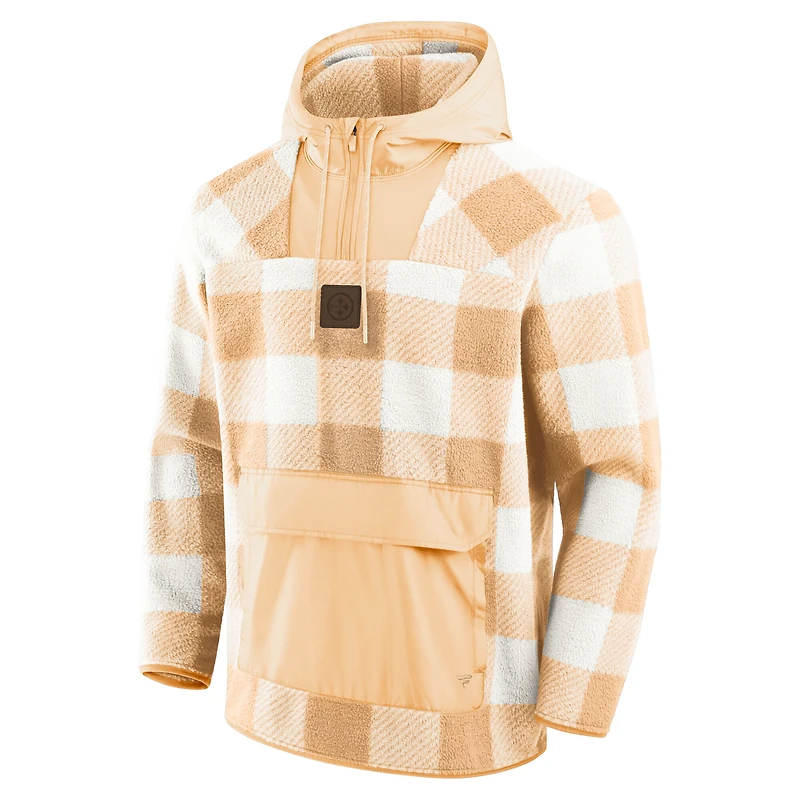 Men's Fanatics Tan Pittsburgh Steelers Elements Plaid Polar Fleece Quarter-Zip Hoodie
