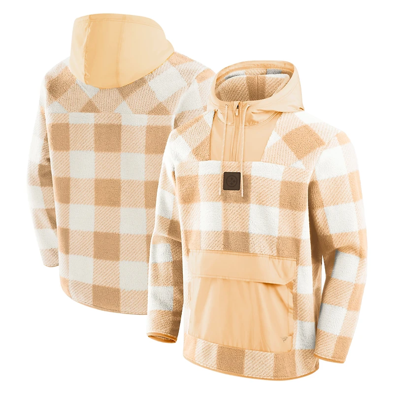 Men's Fanatics Tan Pittsburgh Steelers Elements Plaid Polar Fleece Quarter-Zip Hoodie