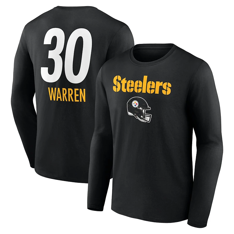 T-shirt à manches longues noir Jaylen Warren pour homme, avec nom et numéro de l'équipe des Pittsburgh Steelers