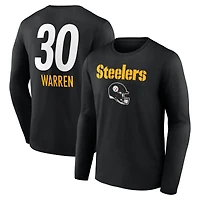 T-shirt à manches longues noir Jaylen Warren pour homme, avec nom et numéro de l'équipe des Pittsburgh Steelers