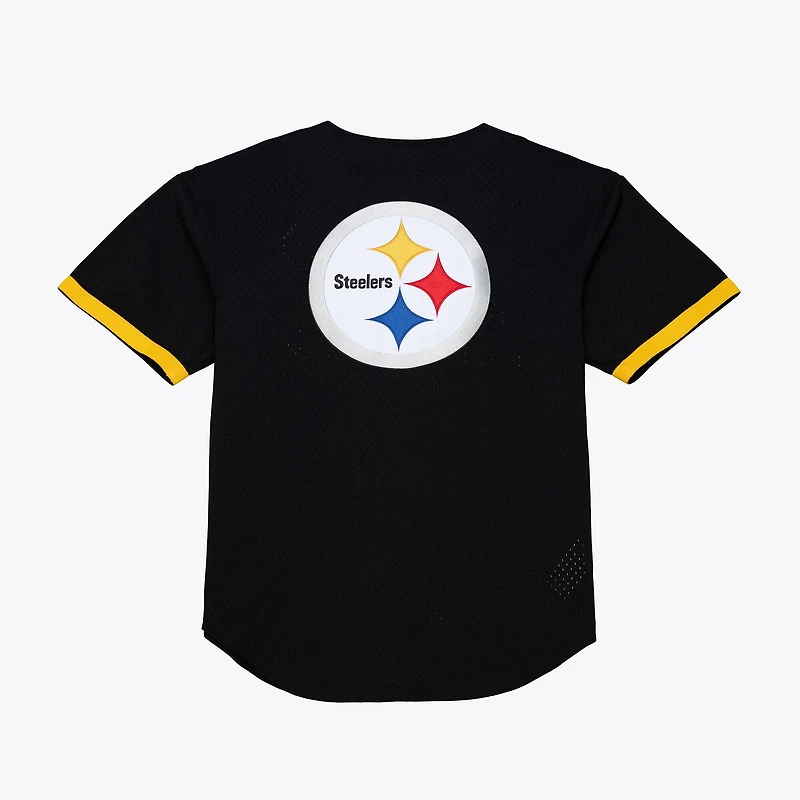 Maillot de mode Mitchell & Ness noir pour homme, modèle Pittsburgh Steelers Head Coach, en maille et à boutons.