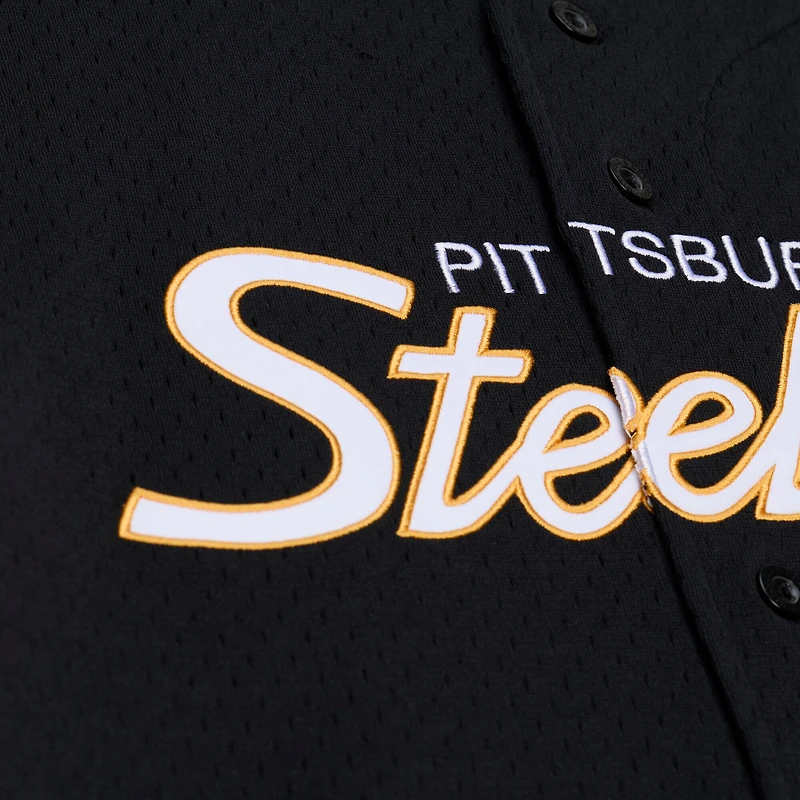 Maillot de mode Mitchell & Ness noir pour homme, modèle Pittsburgh Steelers Head Coach, en maille et à boutons.