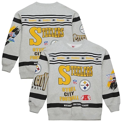Men's Mitchell & Ness  Heather Gray Pittsburgh Steelers All Over Print Vintage Fleece Crewneck Sweatshirt