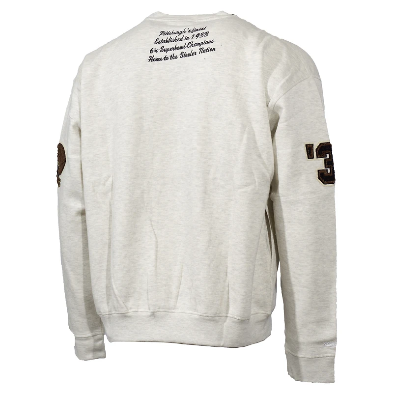Men's Mitchell & Ness Oatmeal Pittsburgh Steelers Varsity Oversized Pullover Sweatshirt