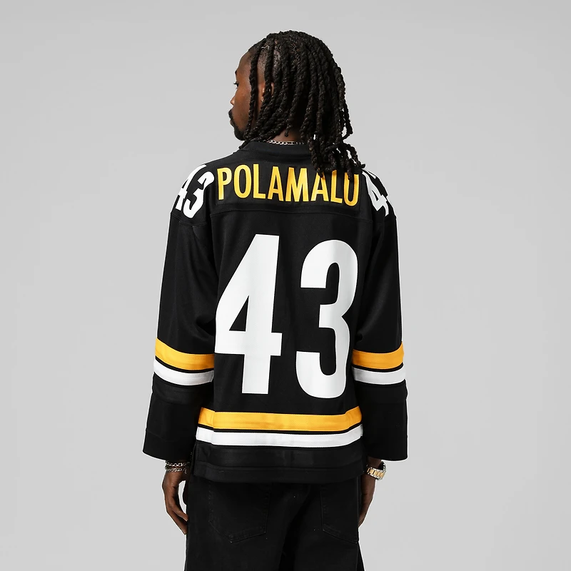 Men's Mitchell & Ness Troy Polamalu Black Pittsburgh Steelers Maxxed Out Fashion Hockey Jersey