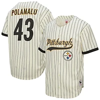 Maillot de baseball Mitchell & Ness Troy Polamalu crème Pittsburgh Steelers pour homme, en maille, à boutons, avec nom et numéro.