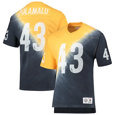 T-shirt Mitchell & Ness pour homme, modèle Troy Polamalu, or et noir, Pittsburgh Steelers, nom numéro du joueur retraité, imprimé tie-dye en diagonale, col V.