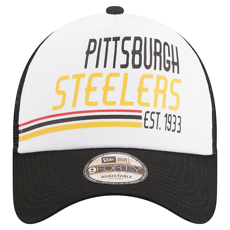 Men's New Era /Black Pittsburgh Steelers Stacked A-Frame Trucker 9FORTY Adjustable Hat