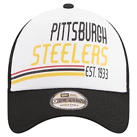 Men's New Era /Black Pittsburgh Steelers Stacked A-Frame Trucker 9FORTY Adjustable Hat