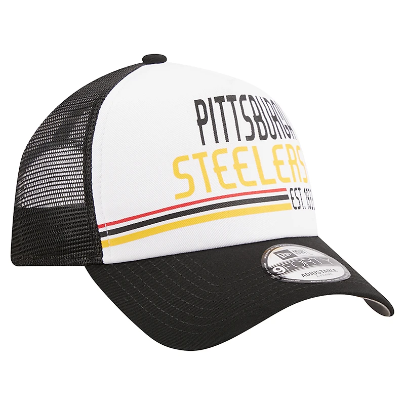 Men's New Era /Black Pittsburgh Steelers Stacked A-Frame Trucker 9FORTY Adjustable Hat