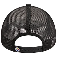 Men's New Era /Black Pittsburgh Steelers Stacked A-Frame Trucker 9FORTY Adjustable Hat