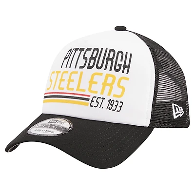 Men's New Era Black Pittsburgh Steelers Stacked A-Frame Trucker 9FORTY Adjustable Hat