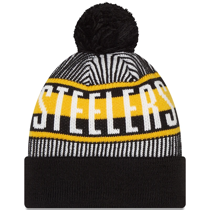 Bonnet en tricot rayé à revers et pompon New Era pour hommes, Pittsburgh Steelers noir