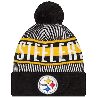 Bonnet en tricot rayé à revers et pompon New Era pour hommes, Pittsburgh Steelers noir