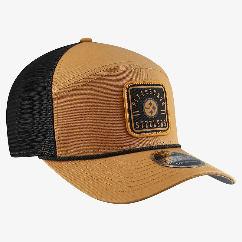 Men's New Era Brown/Black Pittsburgh Steelers Team Patch Split Panel 9SEVENTY Adjustable Trucker Hat