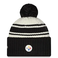 Men's New Era Cream/Black Pittsburgh Steelers 2022 Sideline - Sport Cuffed Pom Knit Hat