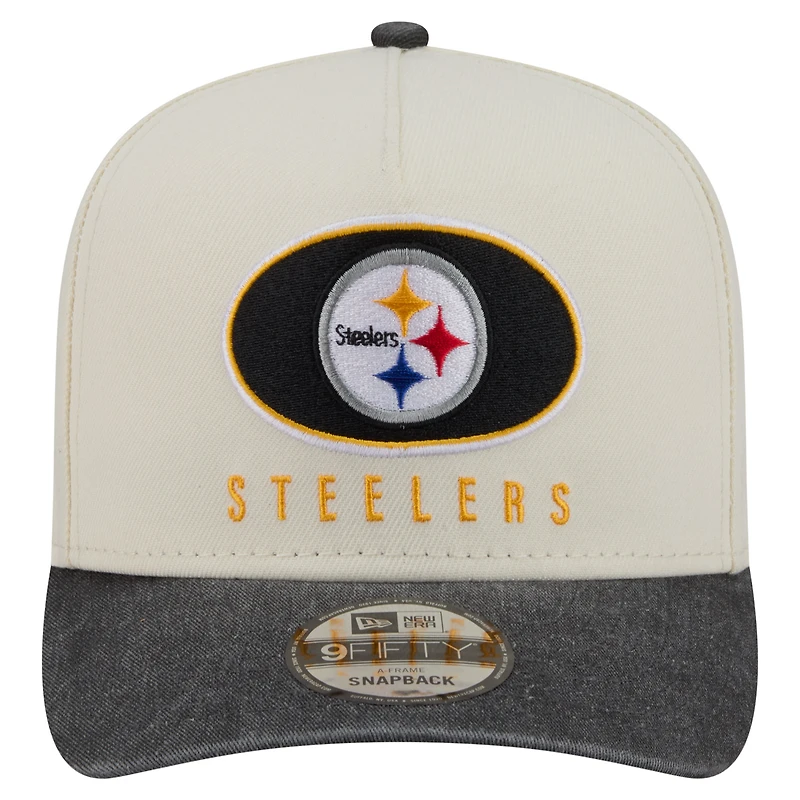 Men's New Era Cream/Black Pittsburgh Steelers Washed A-Frame 9FIFTY Snapback Hat