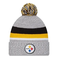 Bonnet en tricot à revers New Era pour hommes, gris chiné, Pittsburgh Steelers, avec pompon