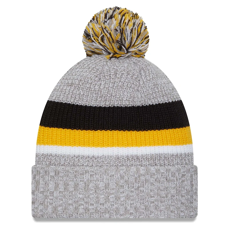Bonnet en tricot à revers New Era pour hommes, gris chiné, Pittsburgh Steelers, avec pompon