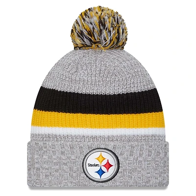 Bonnet en tricot à revers New Era pour hommes, gris chiné, Pittsburgh Steelers, avec pompon