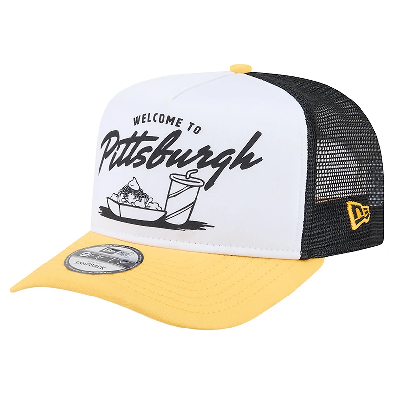 Men's New Era White/Gold Pittsburgh Steelers Foodie 9FIFTY A-Frame Trucker Snapback Hat