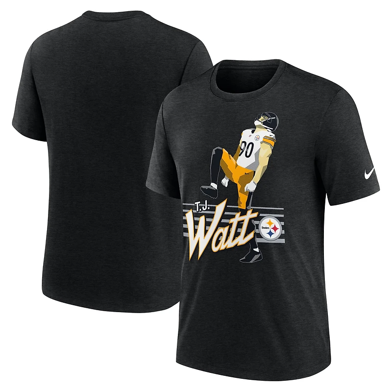 T-shirt Nike T.J. Watt pour homme, noir chiné, à imprimé joueur des Pittsburgh Steelers