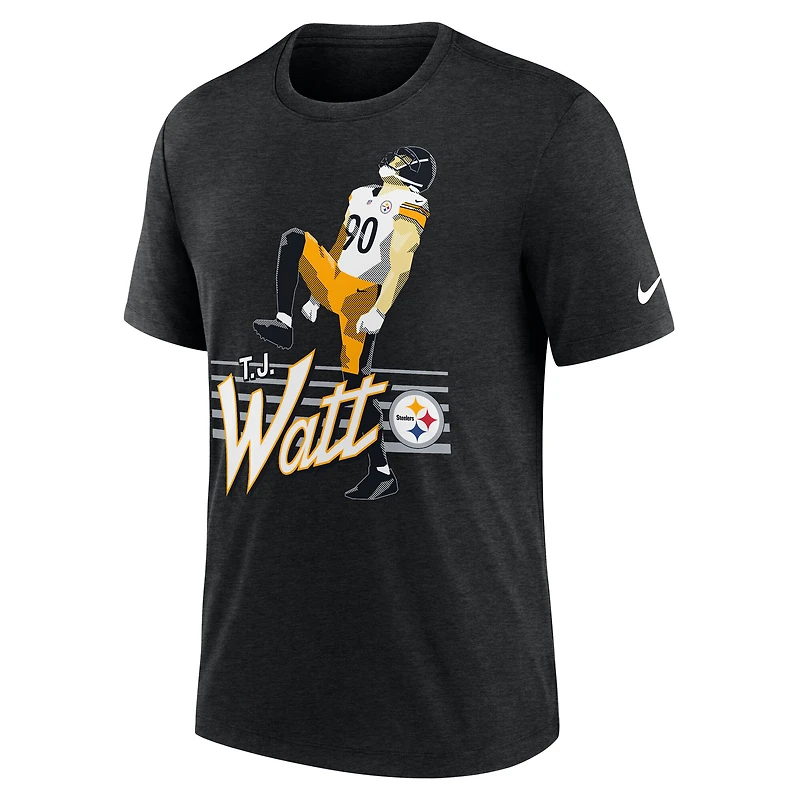 T-shirt Nike T.J. Watt pour homme, noir chiné, à imprimé joueur des Pittsburgh Steelers