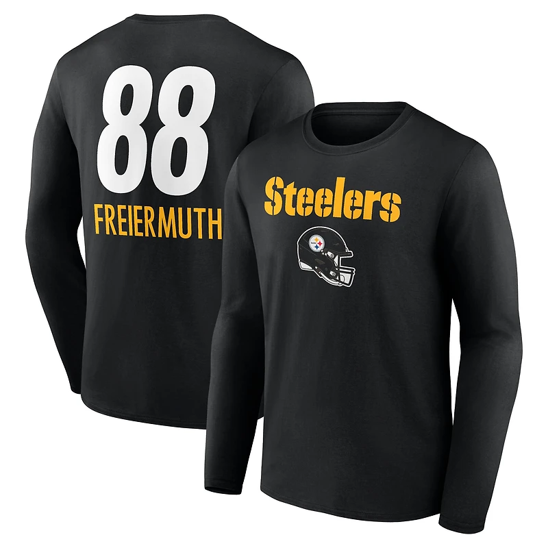 T-shirt à manches longues noir Pat Freiermuth pour homme, avec nom et numéro de l'équipe des Pittsburgh Steelers