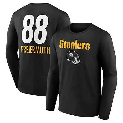T-shirt à manches longues noir Pat Freiermuth pour homme, avec nom et numéro de l'équipe des Pittsburgh Steelers