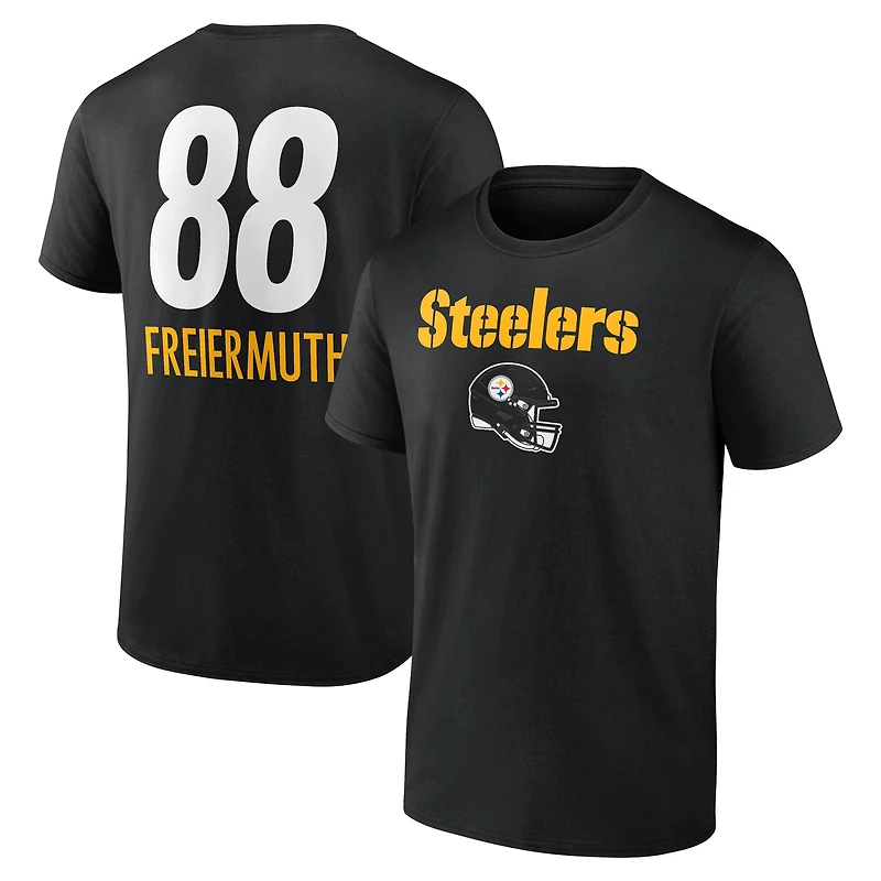 T-shirt noir Pat Freiermuth pour homme avec nom et numéro de l'équipe des Pittsburgh Steelers