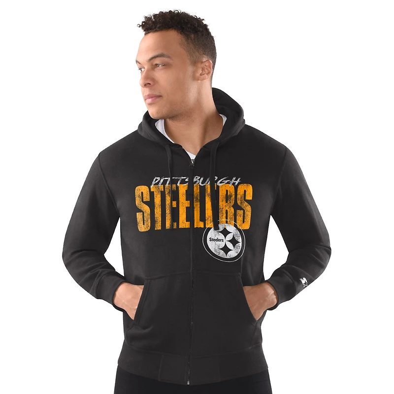 Men's Starter Black Pittsburgh Steelers Distressed Classic Full-Zip Hoodie