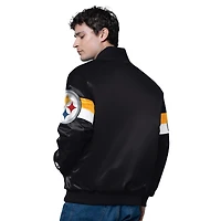 Veste universitaire noire triple option en satin pour homme des Pittsburgh Steelers, entièrement boutonnée