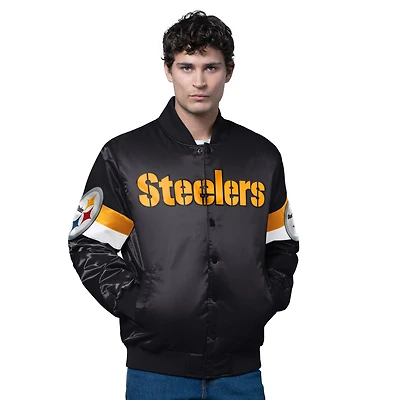 Men's Starter Black Pittsburgh Steelers Triple Option Satin Varsity Full-Snap Jacket