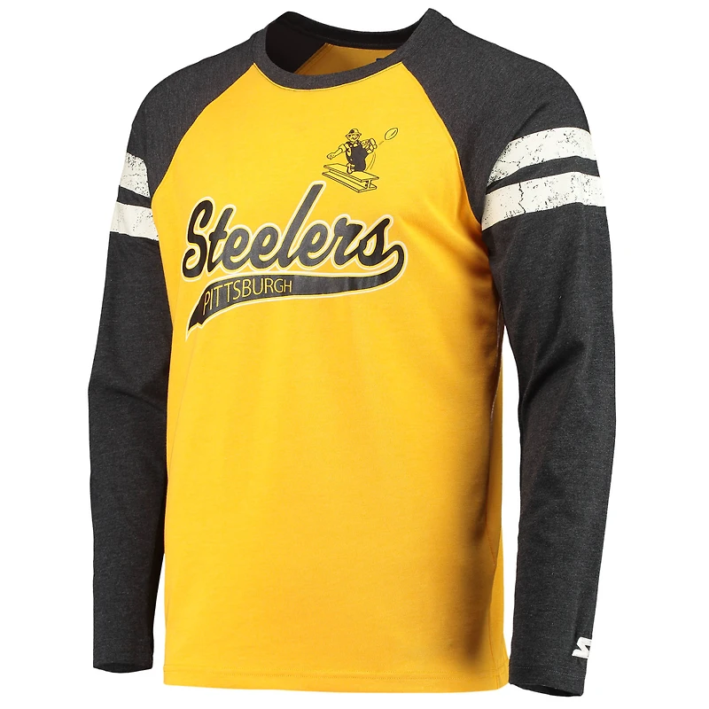 T-shirt à manches longues raglan Starter or/noir Pittsburgh Steelers Throwback League pour homme