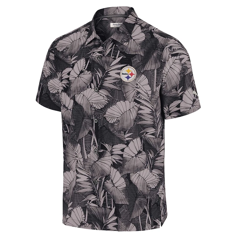 Chemise boutonnée noire pour homme Tommy Bahama Camp des Pittsburgh Steelers Coast Nuevo Fronds