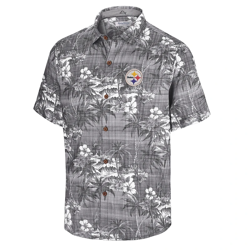 Men's Tommy Bahama Black Pittsburgh Steelers Coconut Point Isla Palmetta Camp Button-Up Shirt