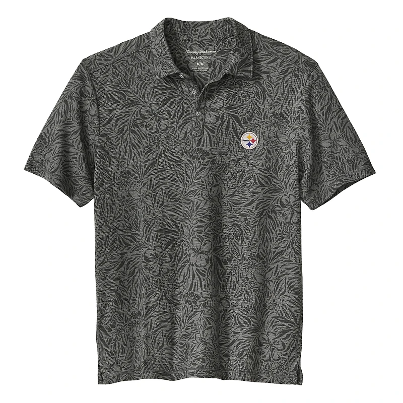 Men's Tommy Bahama Black Pittsburgh Steelers IslandZone Wild Hibiscus Tri-Blend Polo
