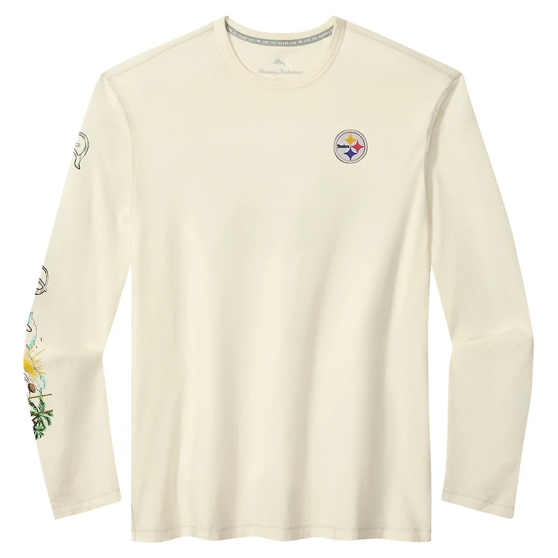 T-shirt à manches longues Tommy Bahama crème Oasis Endzone Lux des Pittsburgh Steelers pour homme