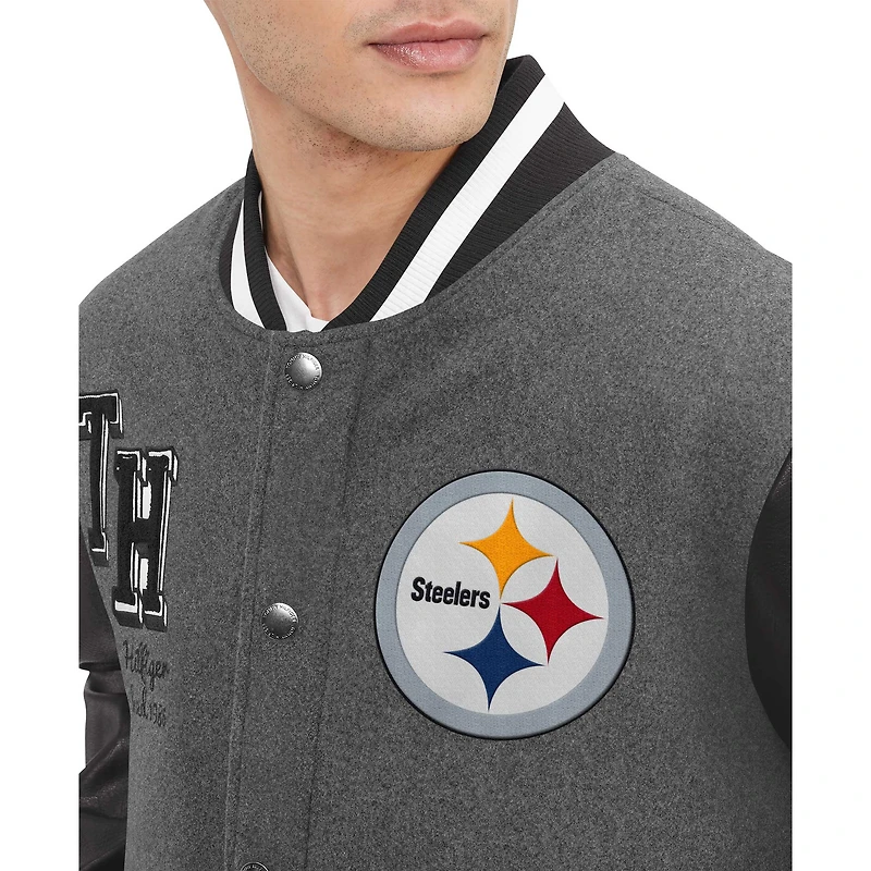 Veste universitaire entièrement zippée Tommy Hilfiger pour hommes gris chiné/noir Pittsburgh Steelers Gunner