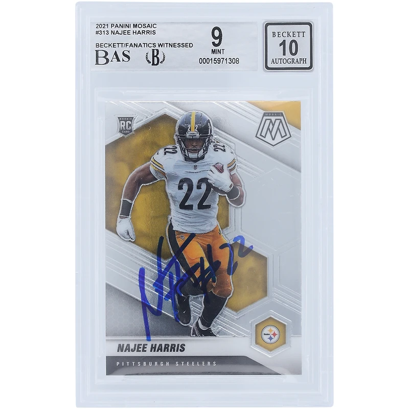 Carte de recrue Panini Mosaic #313 autographiée par Najee Harris des Pittsburgh Steelers 2021 Beckett Fanatics Witnessed Authenticated 9/10